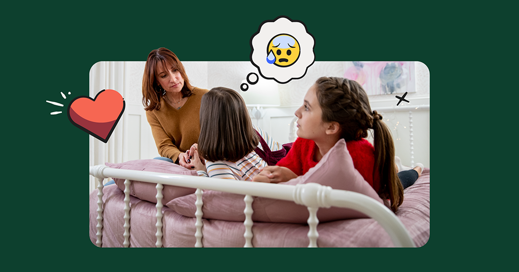 a mom with two teenagers, illustrated emojis