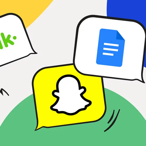 app logos for snapchat, google docs, discord, kik, and wizz