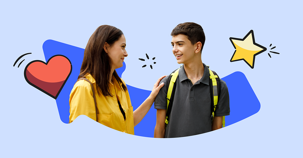 two kids with back packs and illustrated emojis around them
