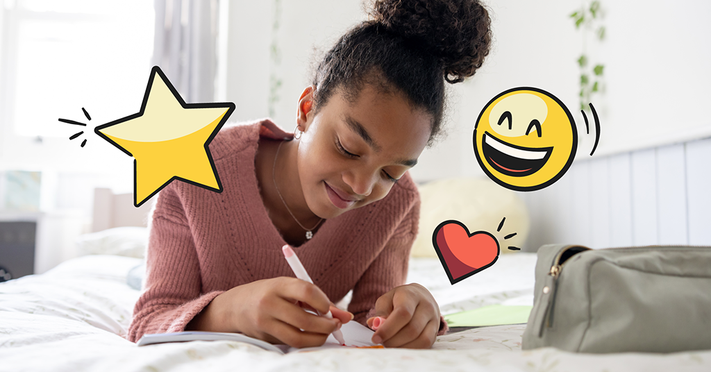 child smiling with illustrated emojis around her