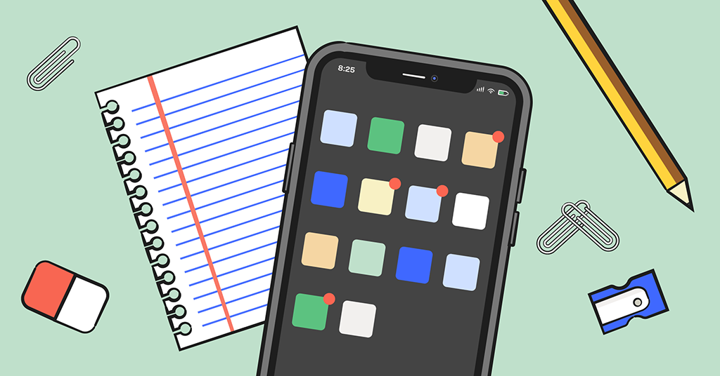 illustrated school supplies and smartphone