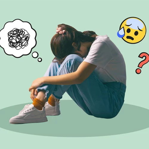 girl looking sad with emojis illustrated around her