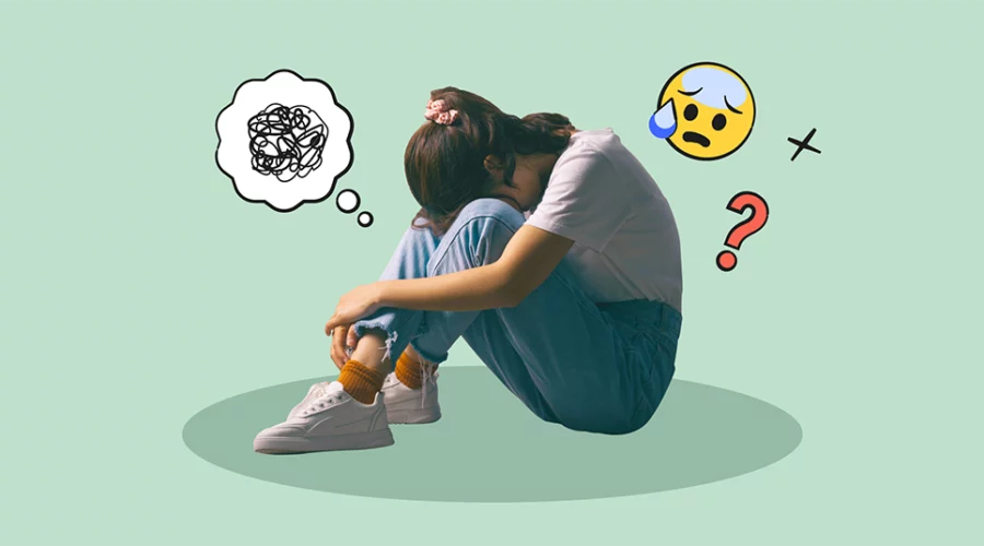 girl looking sad with emojis illustrated around her