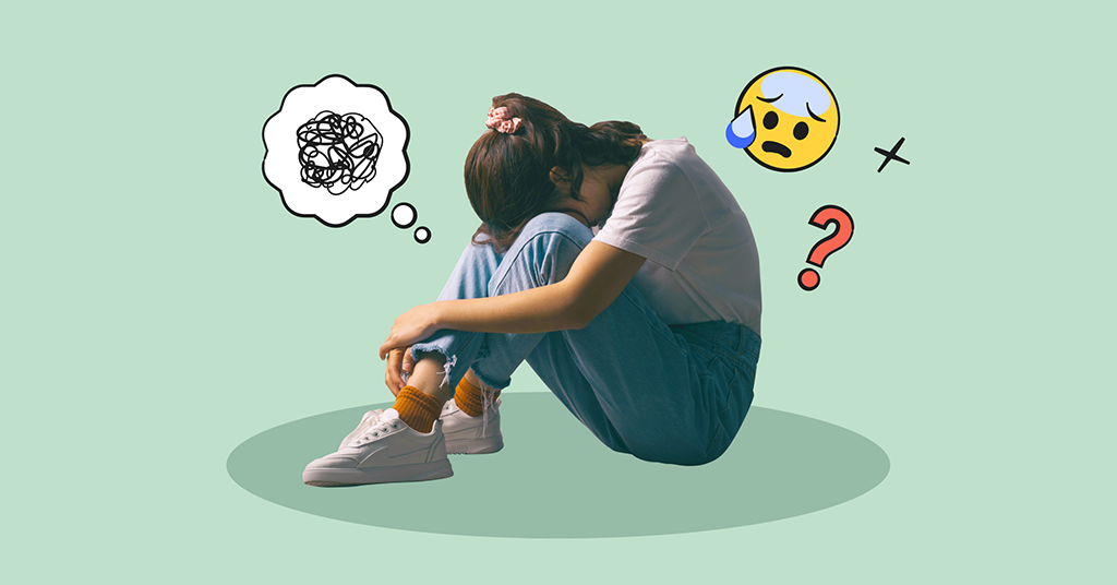 girl looking sad with emojis illustrated around her 