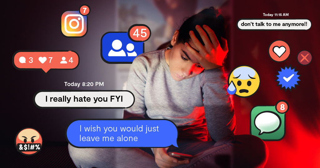 distressed teenager with illustrated text bubbles around