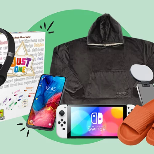 collection of gifts such as Nintendo Switch, headphones, cloud slides, and board game.