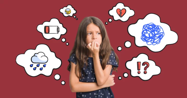 young girl with lots of illustrated thought bubbles around her