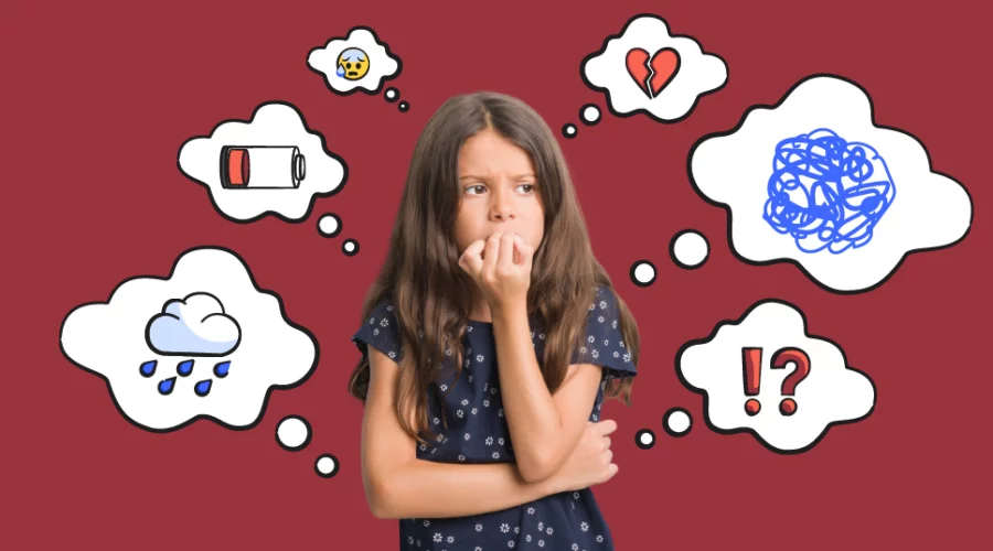 young girl with lots of illustrated thought bubbles around her