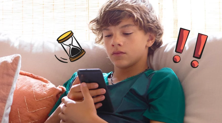 kid on his phone, illustrated warning sign and hourglass