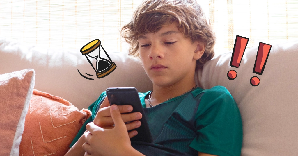 kid on his phone, illustrated warning sign and hourglass