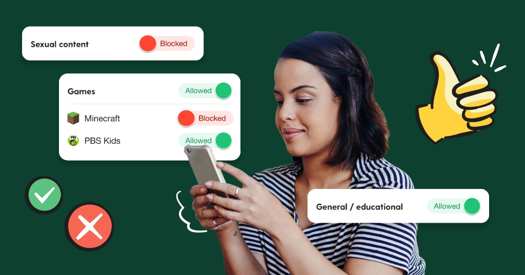 parent on a smartphone with illustarted parental control screens