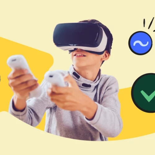 kid with a VR headset on. green check and red X illustrations around him