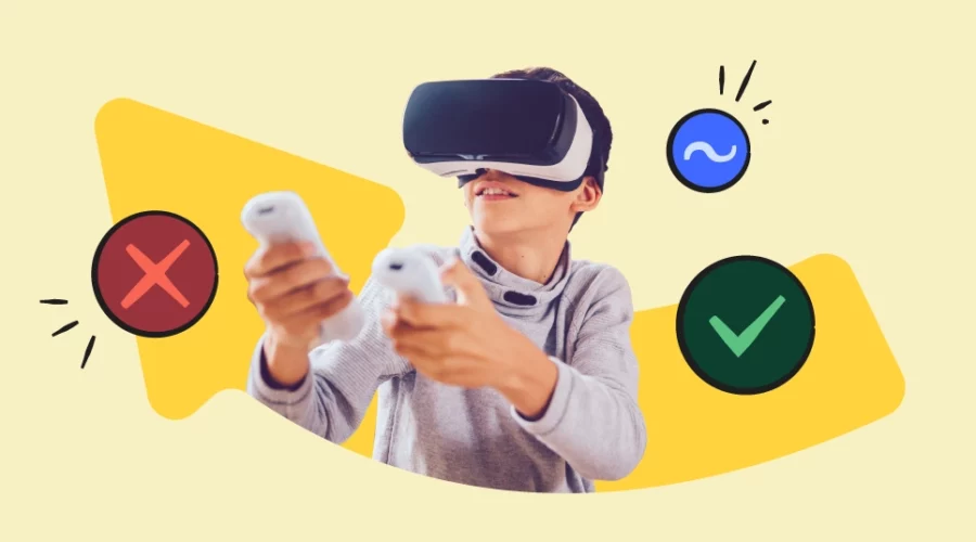 kid with a VR headset on. green check and red X illustrations around him