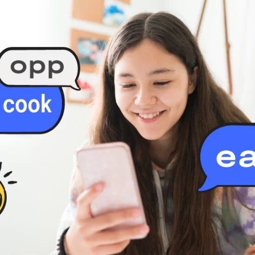 girl on phone; slang in illustrated speech bubbles around her ("opp", "let him cook", "eats")