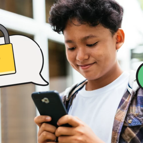 kid looking at his phone, illustrated lock to symbolize privacy