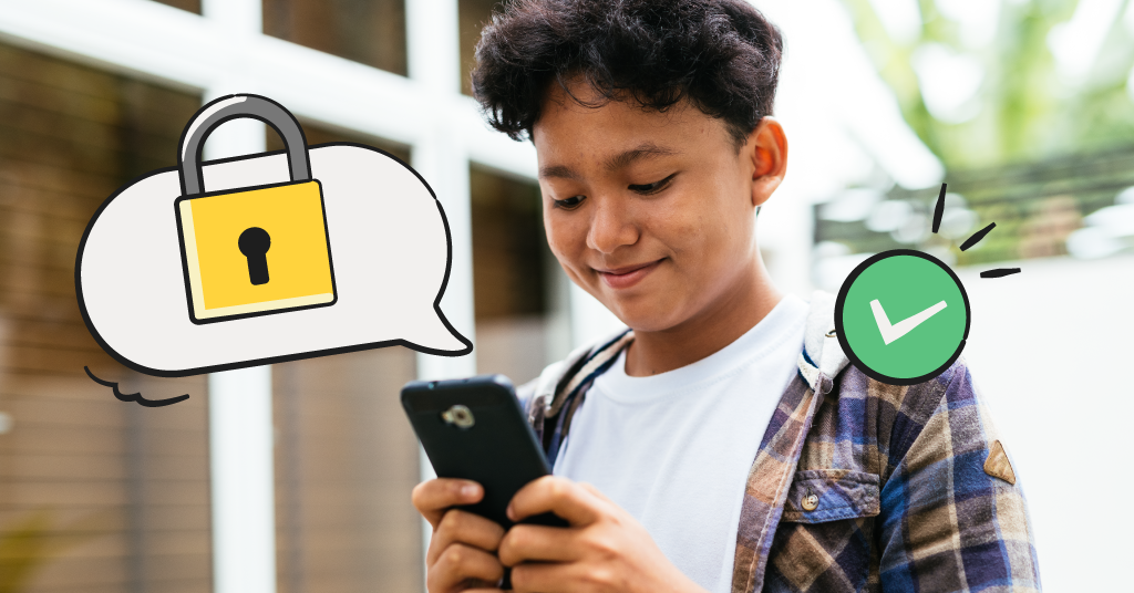 kid looking at his phone, illustrated lock to symbolize privacy