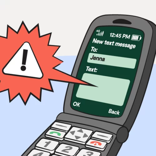 illustrated flip phone with warning sign next to it