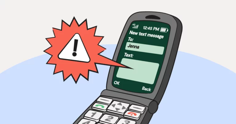 illustrated flip phone with warning sign next to it