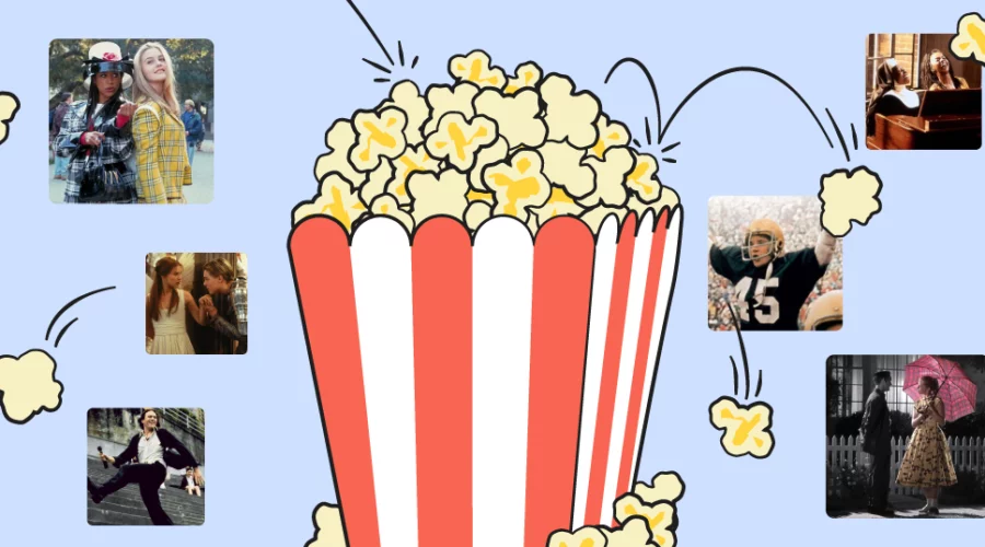 illustrated movie popcorn with stills from popular 90s movies around it