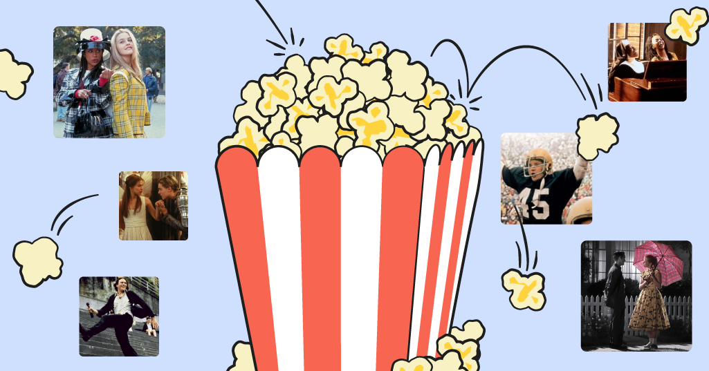 illustrated movie popcorn with stills from popular 90s movies around it