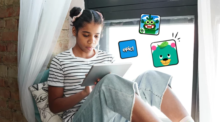 child on device, reading app logos illustrated around her