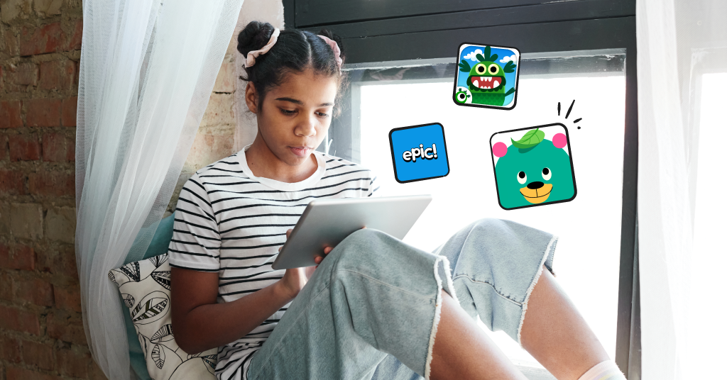 child on device, reading app logos illustrated around her
