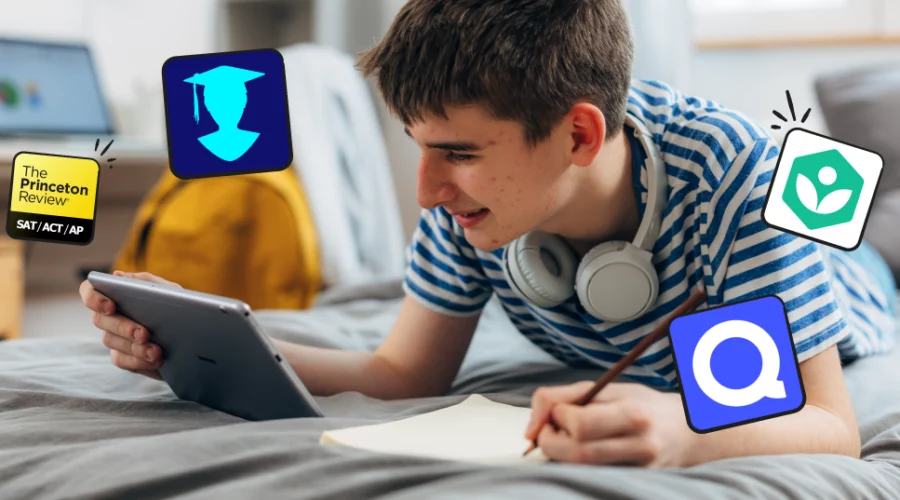 teen student studying with app icons around him