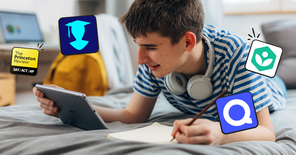 teen student studying with app icons around him