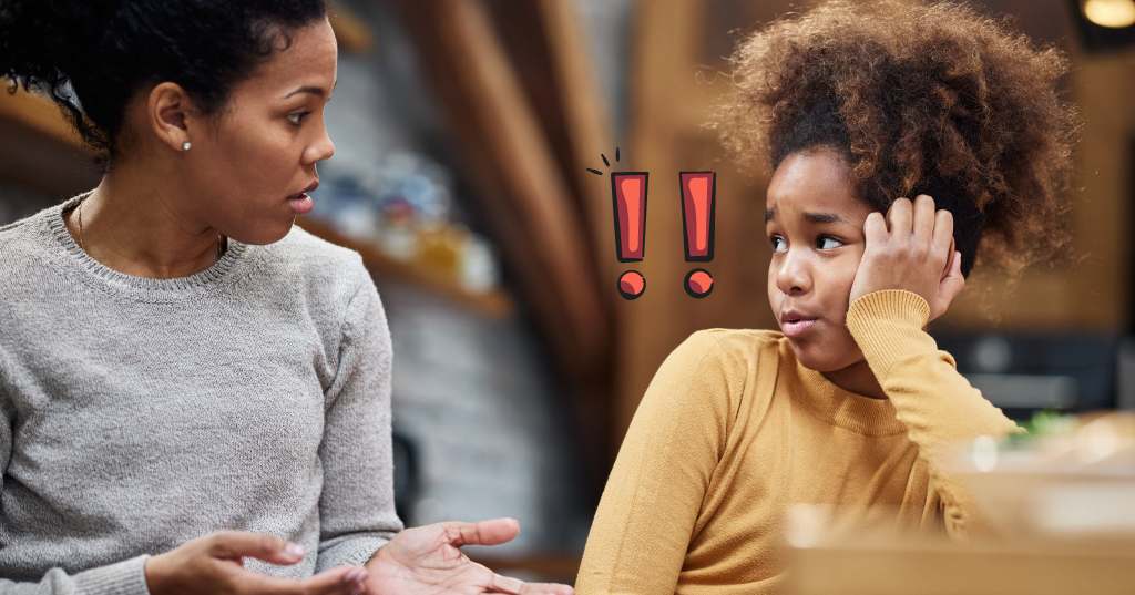mom and daughter in serious conversation, illustrated exclamation marks
