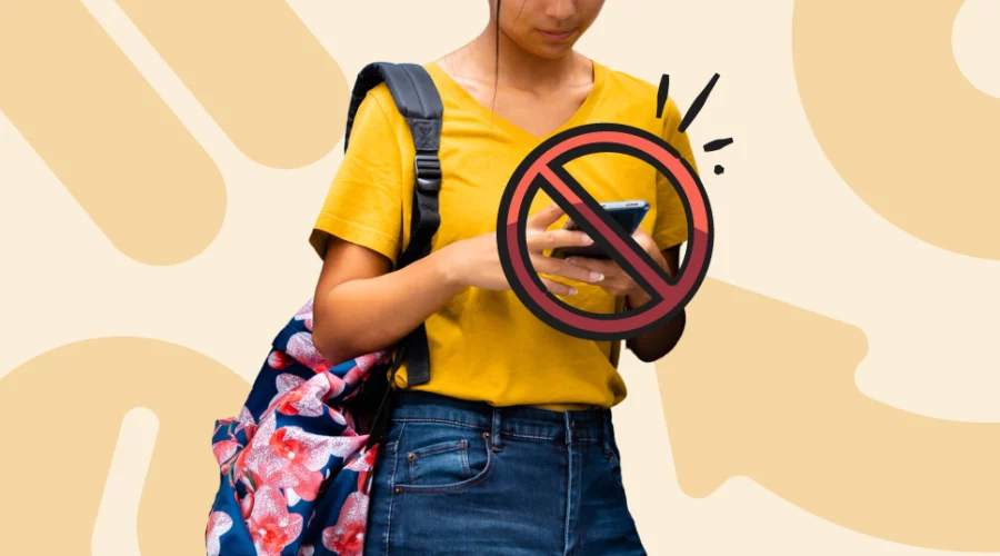 girl holding phone with a red cross-out over the phone