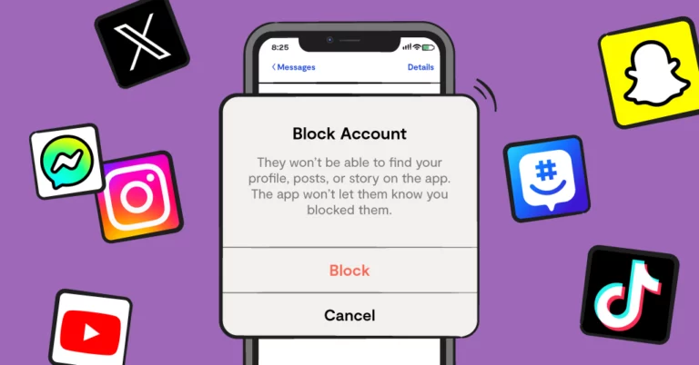 notification to block account on an illustrated phone with app logos around it