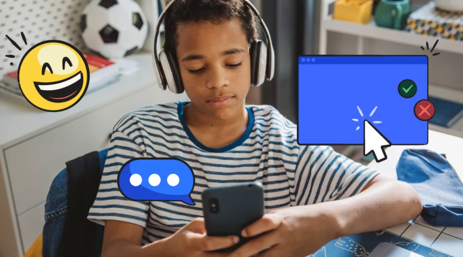 boy with headphones looking at phone
