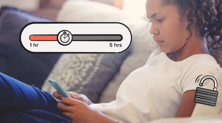 girl on smartphone, illustrated screen time meter