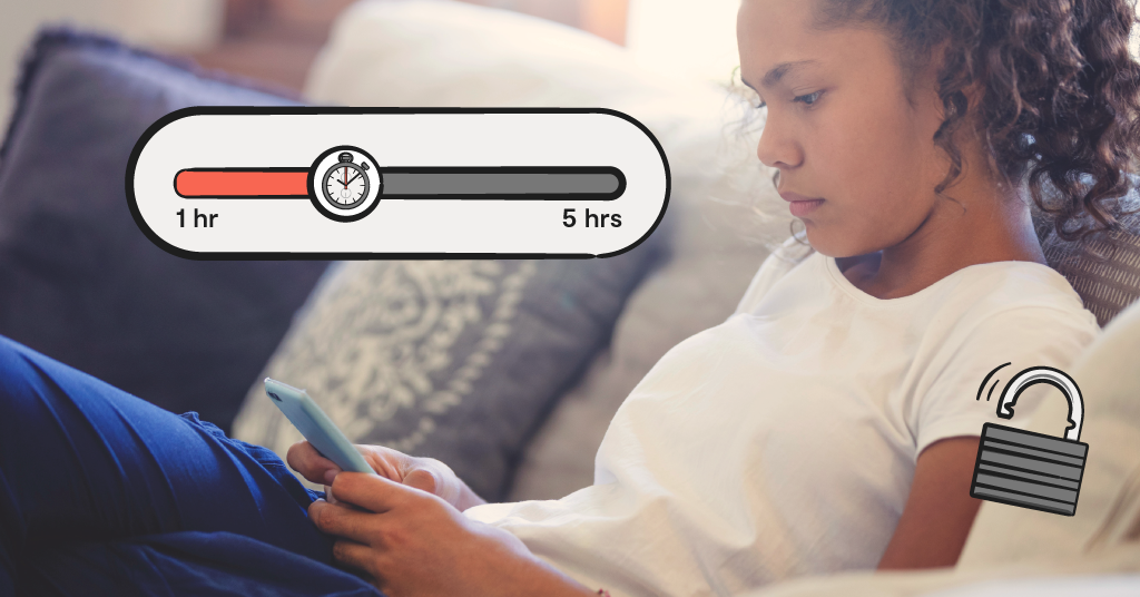 girl on smartphone, illustrated screen time meter