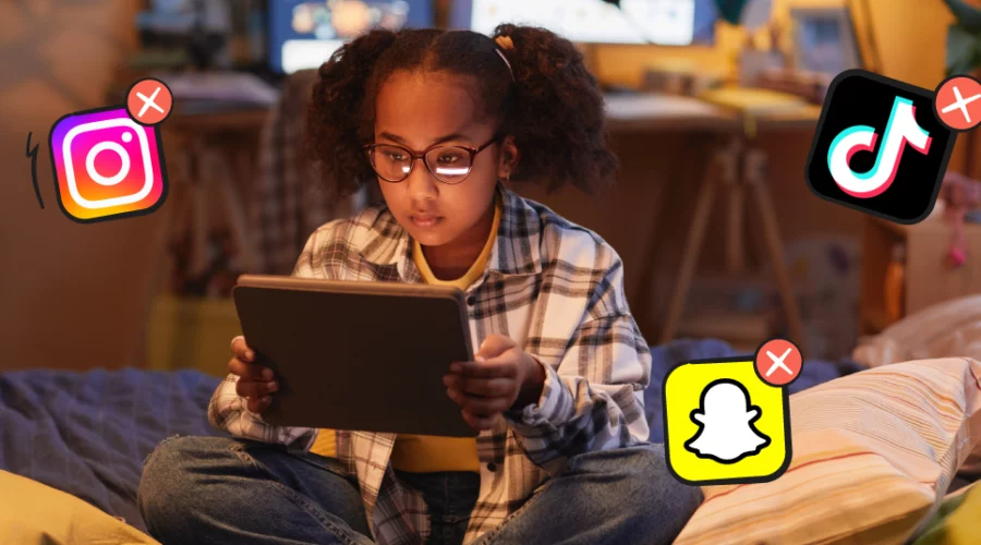 kids on a tablet, with Snapchat, TikTok, and Instagram logo illustrated