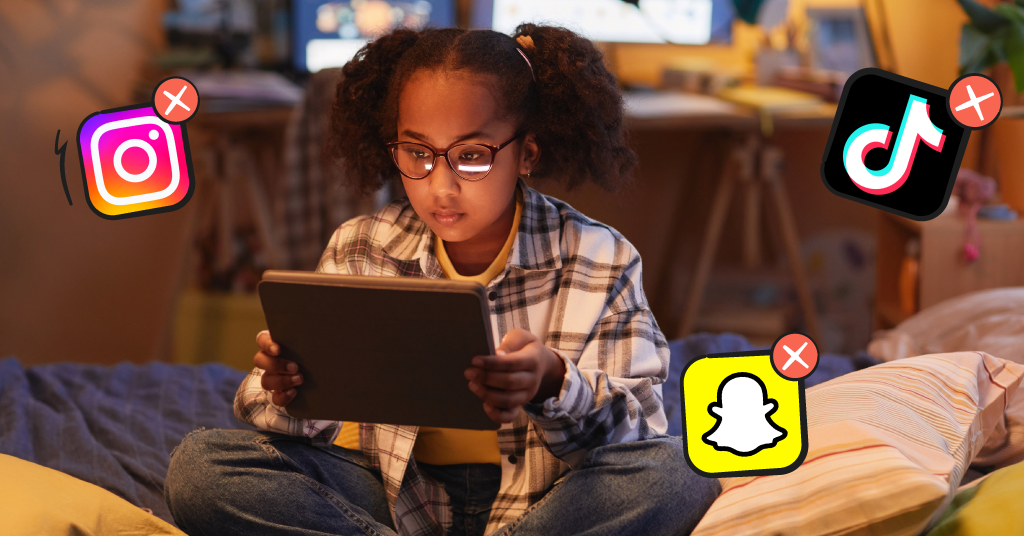 kids on a tablet, with Snapchat, TikTok, and Instagram logo illustrated