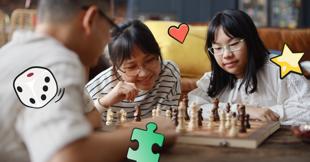 kids playing chess with parents