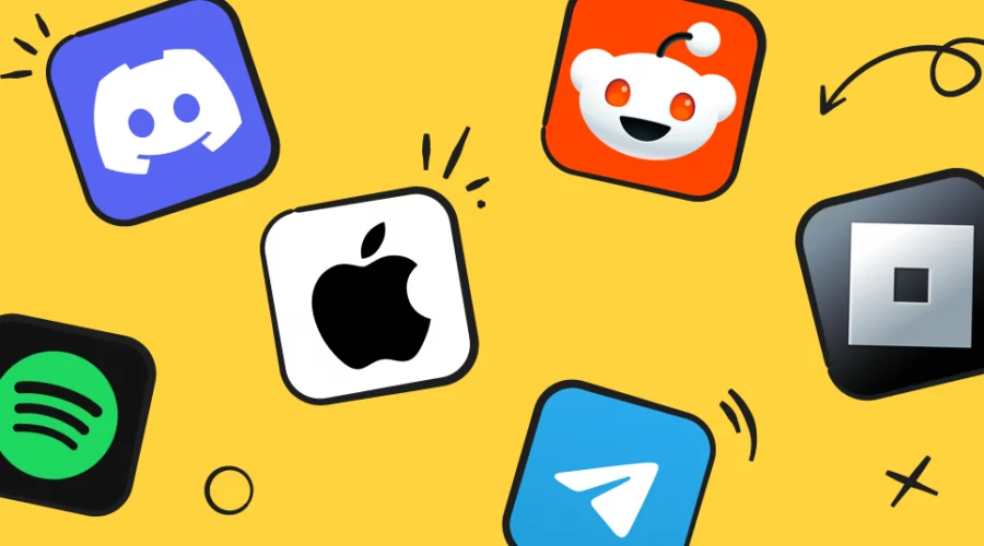 app logos: discord, spotify, apple, telegram, roblox, reddit