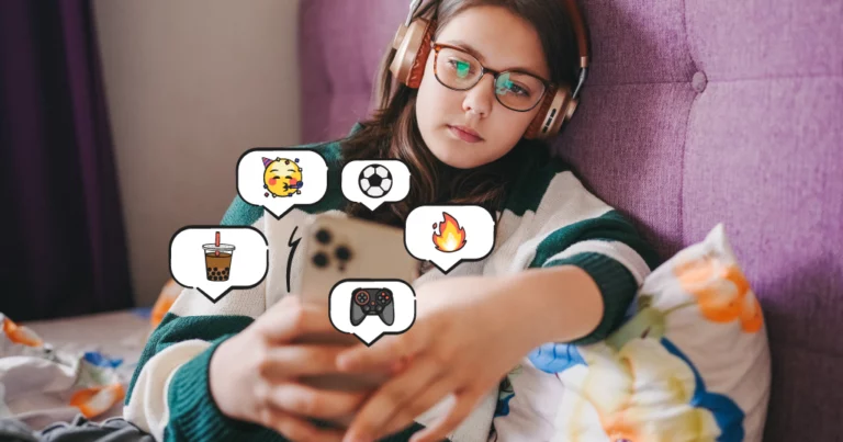 teen girl on her phone with illustrated emojis around her phone