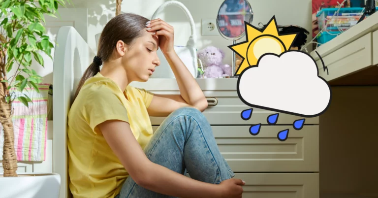 teen girl, illustrated rain cloud