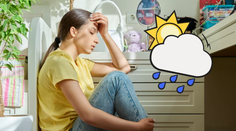 teen girl, illustrated rain cloud