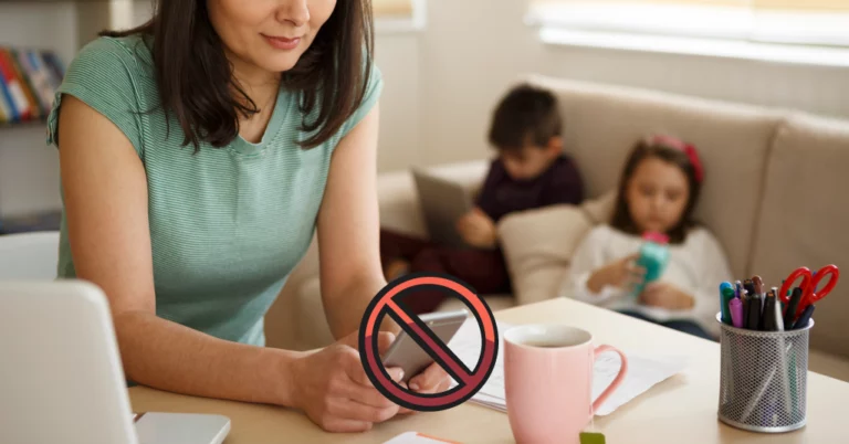 parent on phone with illustrated cancel emoji