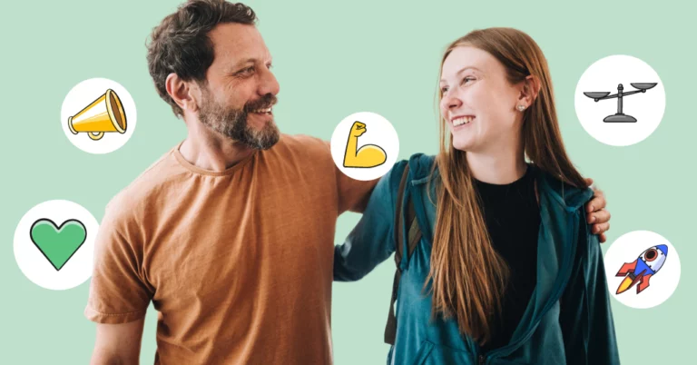 Father and daughter with their arms around each other, smiling at each other. Emojis around them.