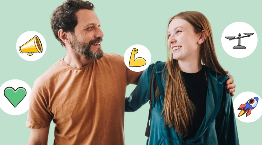 Father and daughter with their arms around each other, smiling at each other. Emojis around them.