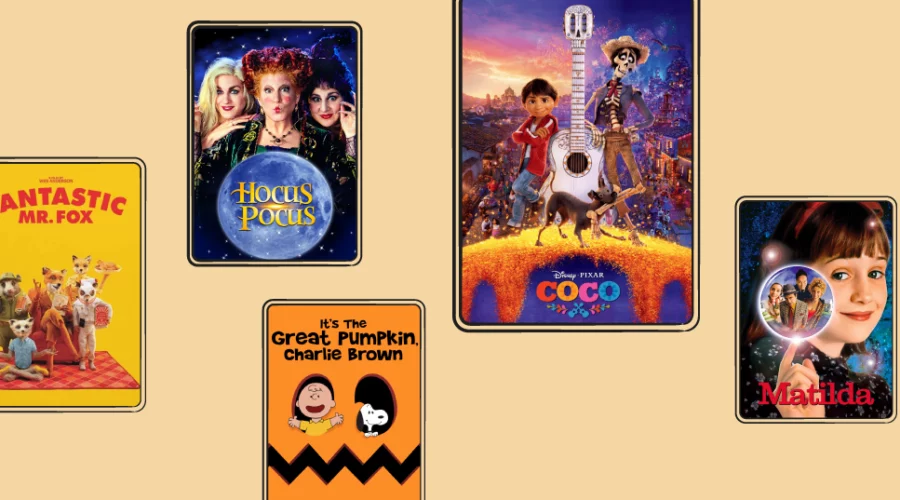 movie posters for Fantastic Mr. Fox, Hocus Pocus, Charlie Brown, Coco, and Matilda