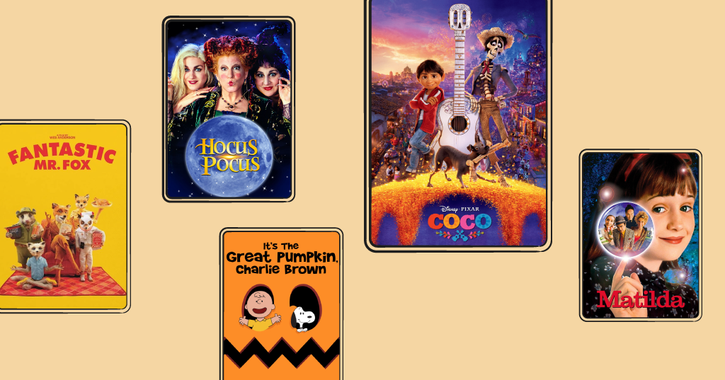 movie posters for Fantastic Mr. Fox, Hocus Pocus, Charlie Brown, Coco, and Matilda