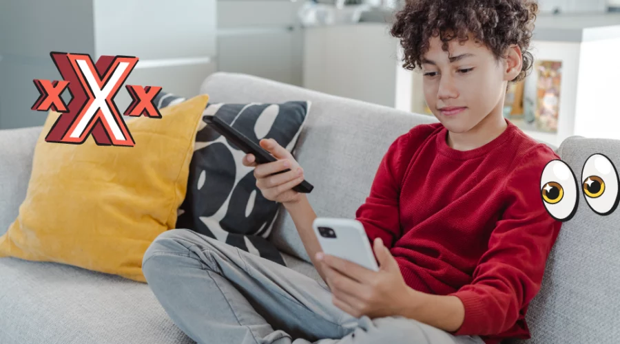 A kid sitting on a couch, holding remote, and looking down at phone. Triple X and side eye graphics added.