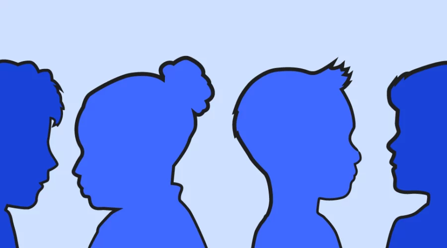 blue silhouettes of four people