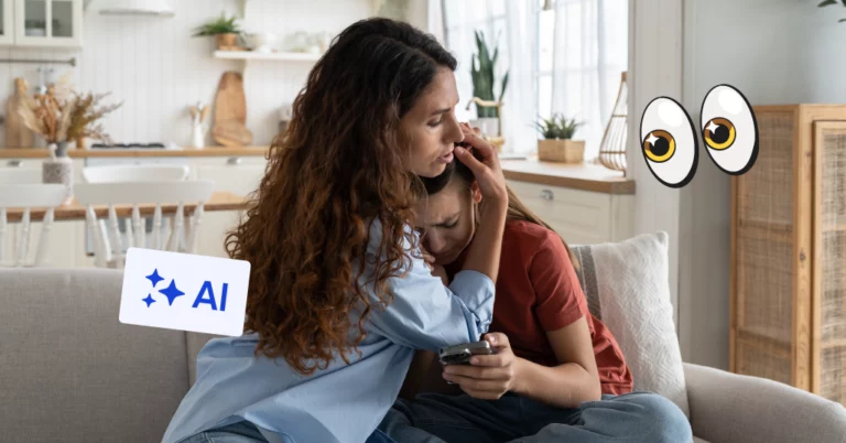 A mom hugging her distressed daughter, who's looking at a phone. The side-eye emoji and the words "AI" are added to the image around them.