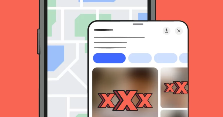 A phone with a location in maps pulled up, explicit content is implied by triple Xs over blurred images.